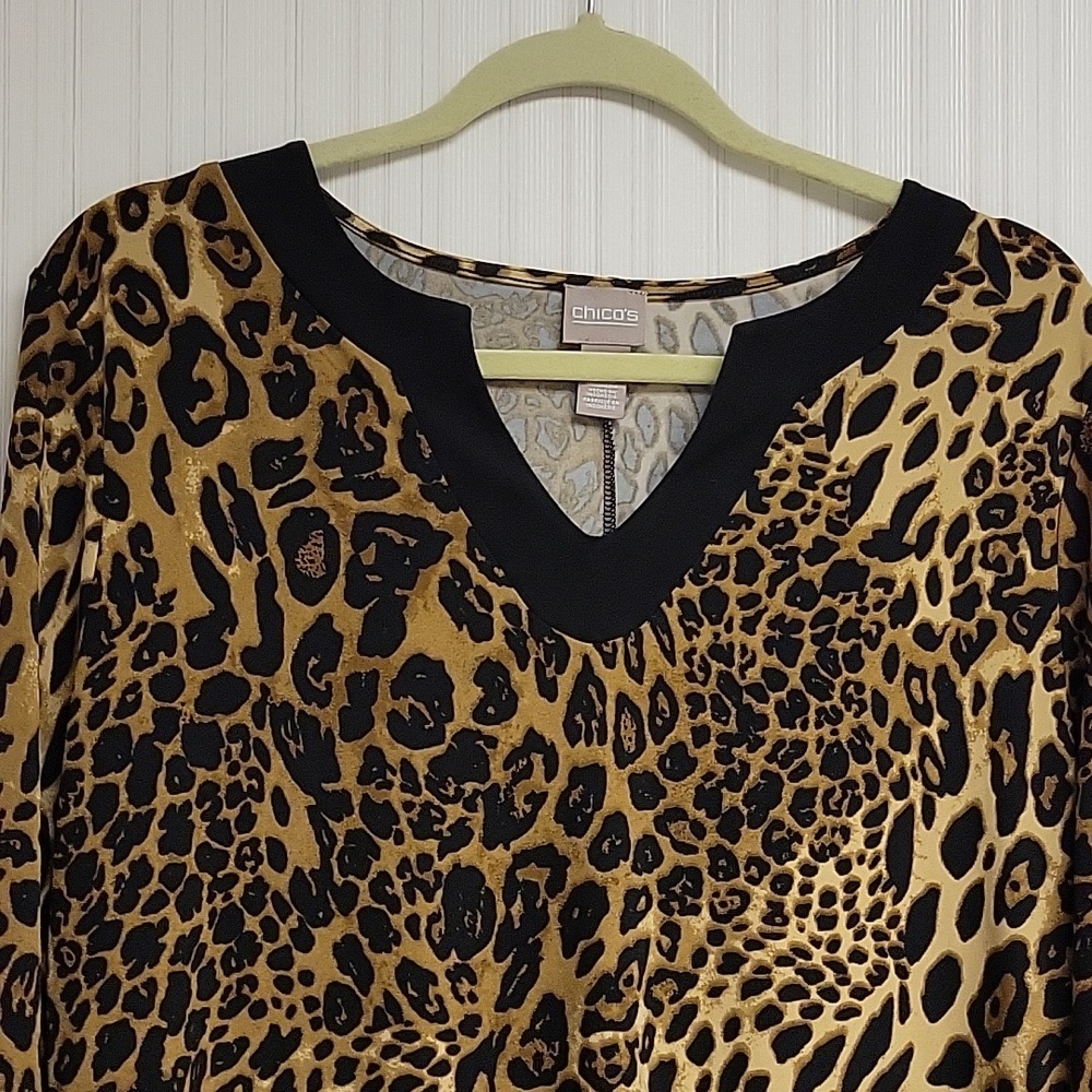 Chicos Leopard Print V-Neck Shift Dress Brown & Black Sz 2. Business mobwife - Picture 2 of 5